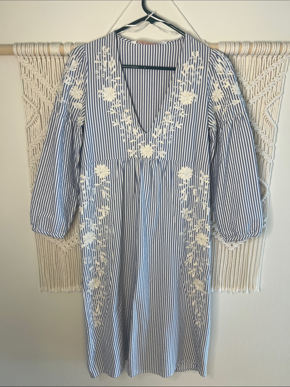 Zara Blue and White Striped Embroidered V-Neck Midi Dress